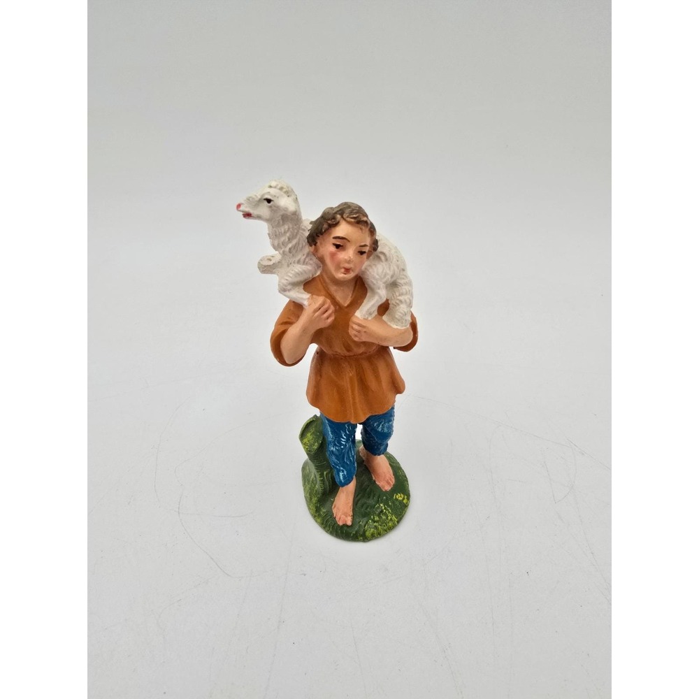 Vintage Italy Nativity Shepherd Boy‎ with Lamb Figurine 4" Scale Hand Painted